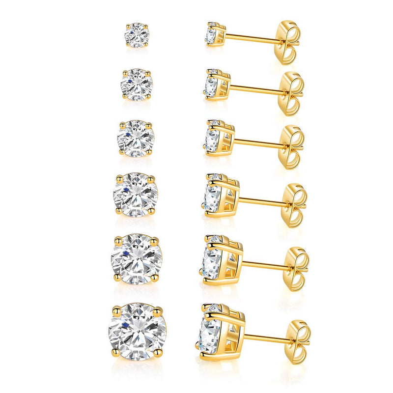 [Australia] - 6 Pairs 14K Yellow Gold Plated Round Cut Clear Cubic Zirconia Stud Earring Pack 6pcs gold earring packing 