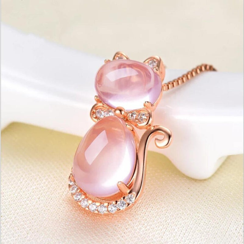 [Australia] - COLORFUL BLING Pink cat Pendant Necklace Ross Stone Quartz Opal Cute Rose Gold Silver Plated Chain Necklace for Women Girls 