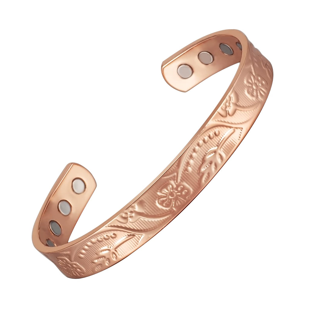 [Australia] - EnerMagiX Copper Magnetic Bracelet for Men Women, Flower Pattern Design Solid Copper Cuff Bangle with 6 Strong Magnets, Adjustable Size Magnetic Bracelets 