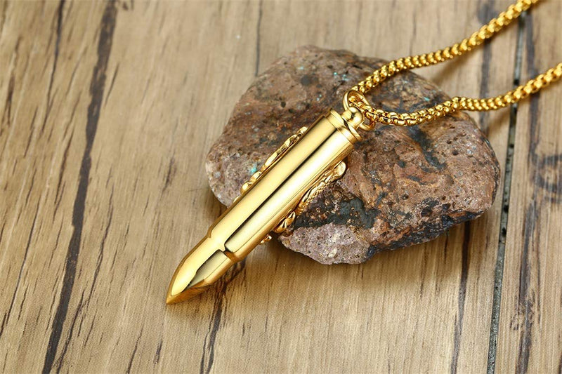 [Australia] - Dragon Sword Bullet Shape Canister Capsule Memorial Keepsake Pendant Cremation Ash Urn Necklace for Men Gold 