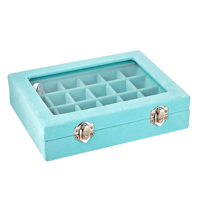 [Australia] - Ivosmart Velvet Glass Jewelry Ring Display Organiser Box Tray Holder Earrings Storage Case (Light Blue) Light Blue 