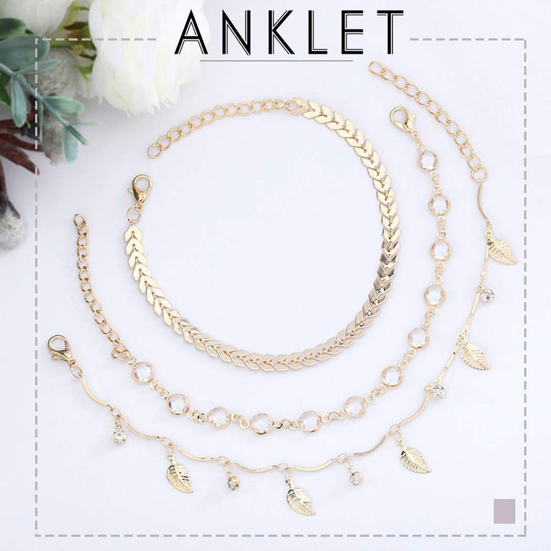 [Australia] - Jeairts Boho Leaves Pendant Anklet Gold Crystal Triple Layered Anklets Bracelets Fish Bone Beach Foot Chain Jewelry for Women and Girls 