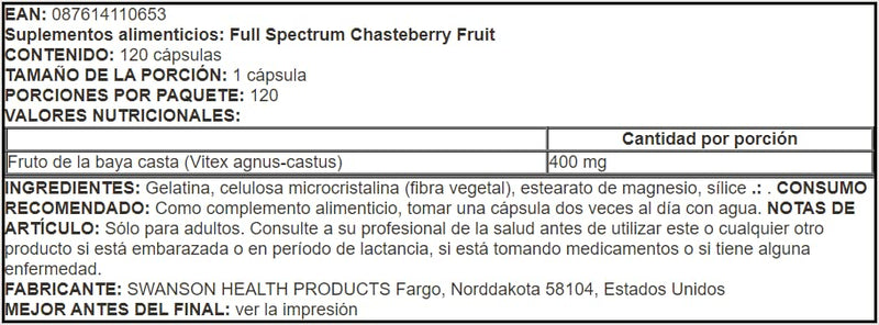 [Australia] - Swanson Chasteberry Fruit Women's Health Menopausal Support Skin Health Herbal Supplement 400 mg 120 Capsules (Caps) 