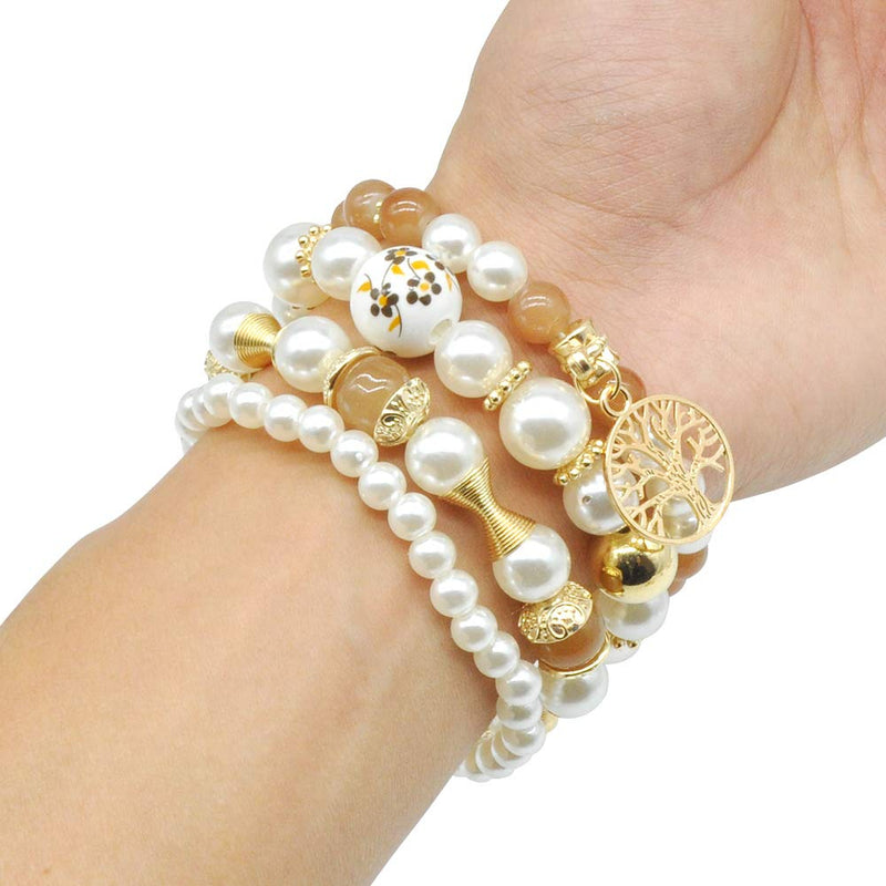 [Australia] - VONRU Pearl Charm Bracelet Set - 4 Sets Stackable Bracelets for Women, Multi Layer Beaded Statement Stretch Lovely Charm Bangles Tree of Life, Starfish Charm pearl bracelet set 