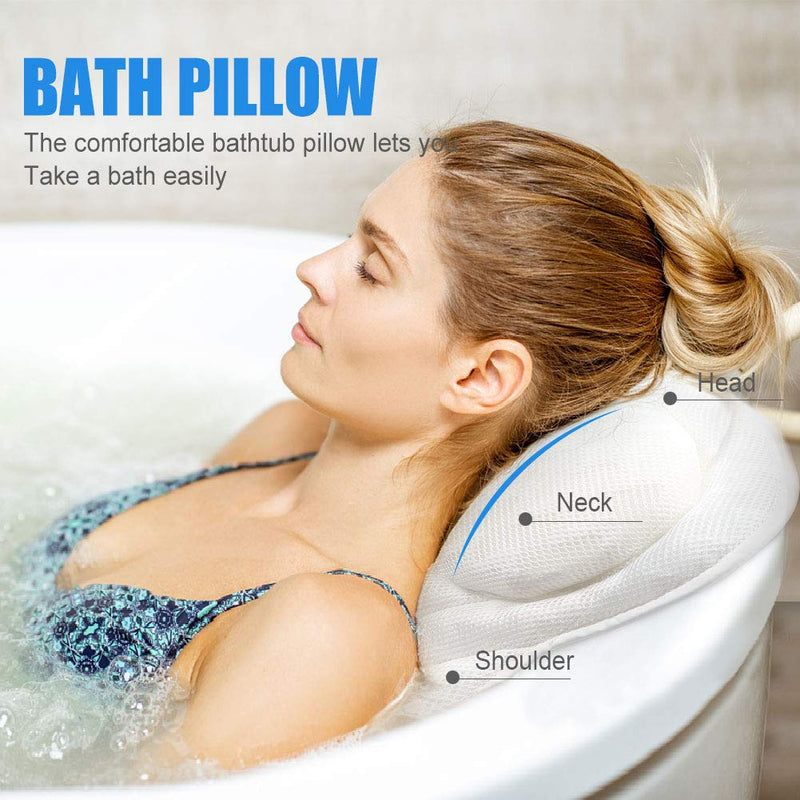 [Australia] - Bath Pillow,Lcogete Bath Pillows for Shower Tub Women Men Neck and Shoulder Support Rest 3D Air Mesh Breathable Bathtub Spa Bathroom Pillow with Power Suction Cups Washable- White 