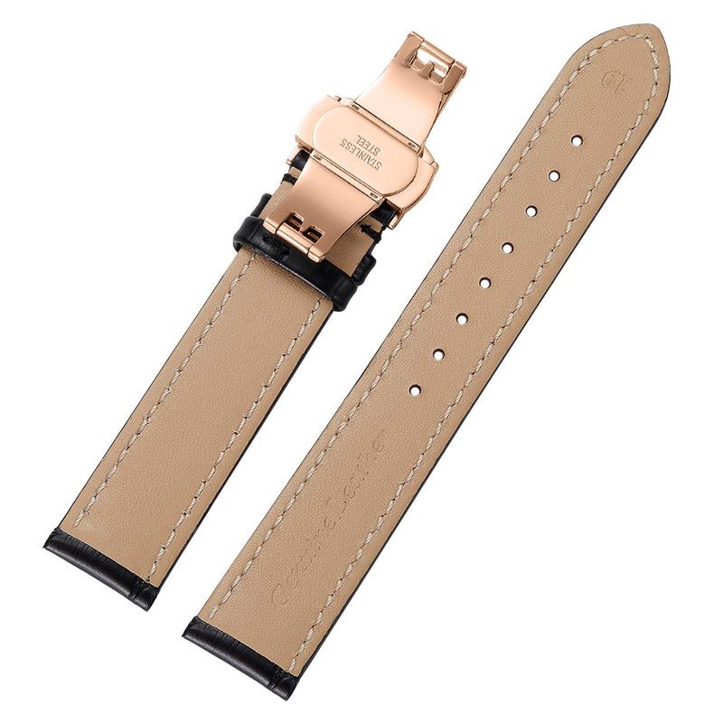 [Australia] - iStrap Leather Watch Band -Alligator Grain Embossed Pattern Calfskin Replacement Strap-Stainless Steel Deployment Buckle with Push Buttons-Bracelet for Men Women-18mm 19mm 20mm 21mm 22mm 24mm 18mm Black-Rose Gold 