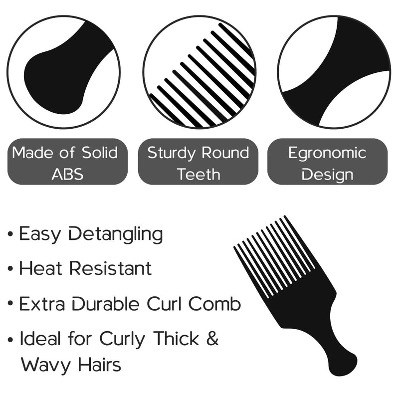 [Australia] - Boorika Afro Hair Comb - Smooth & Sturdy Wide Tooth Plastic Afro Pick, Hair Pick for Detangling & Styling - Afro Comb for Men and Women (Black) Black 
