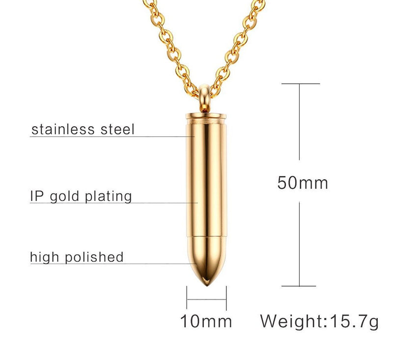 [Australia] - Stainless Steel Memorial Cremation Ash Urn Vial Tube Bullet Pendant Keepsake Necklace, Golden, Free Chain Gold 