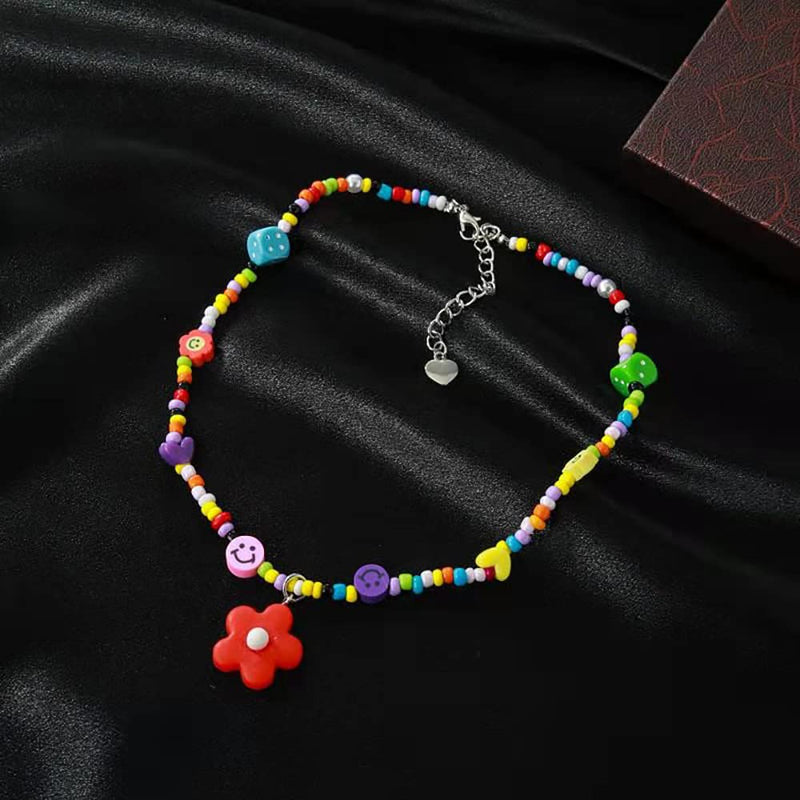 [Australia] - Cute Neckalce Funny Weird Necklace Colorful Beaded Necklace Smile Face Mushroom Lollipops Butterfly Gummy Bear Boba Tea Heart Beaded Necklace Indie Jewelry for Girls Women #10 red flower 