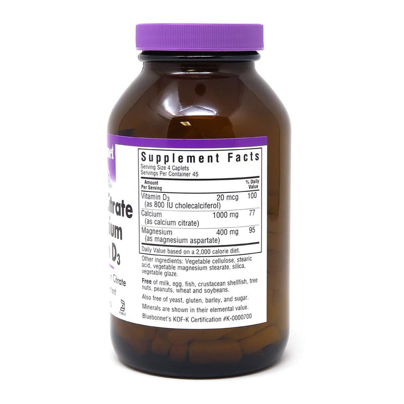 [Australia] - Bluebonnet Nutrition Calcium Citrate Magnesium Plus Vitamin D3 Caplets, Bone Health & Muscle Relaxation, Non GMO, Gluten, Soy & Milk Free, Kosher, White, Unflavored, 180 Count 