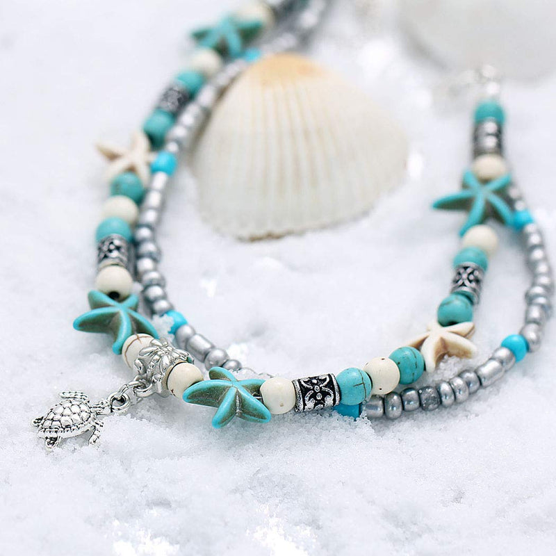 [Australia] - Twinklede Boho Beaded Ankle Bracelets Silver Layered Turquoise Anklets Starfish Sea Turtle Barefoot Sandals Anklet for Women and Girls 