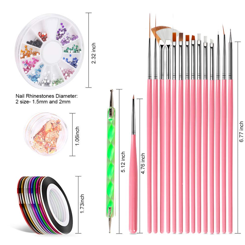 [Australia] - Nail Pen Designer, Teenitor Stamp Nail Art Tool with 15pcs Nail Painting Brushes, Nail Dotting Tool, Nail Foil, Manicure Tape, Color Rhinestones for Nails A-Pink 