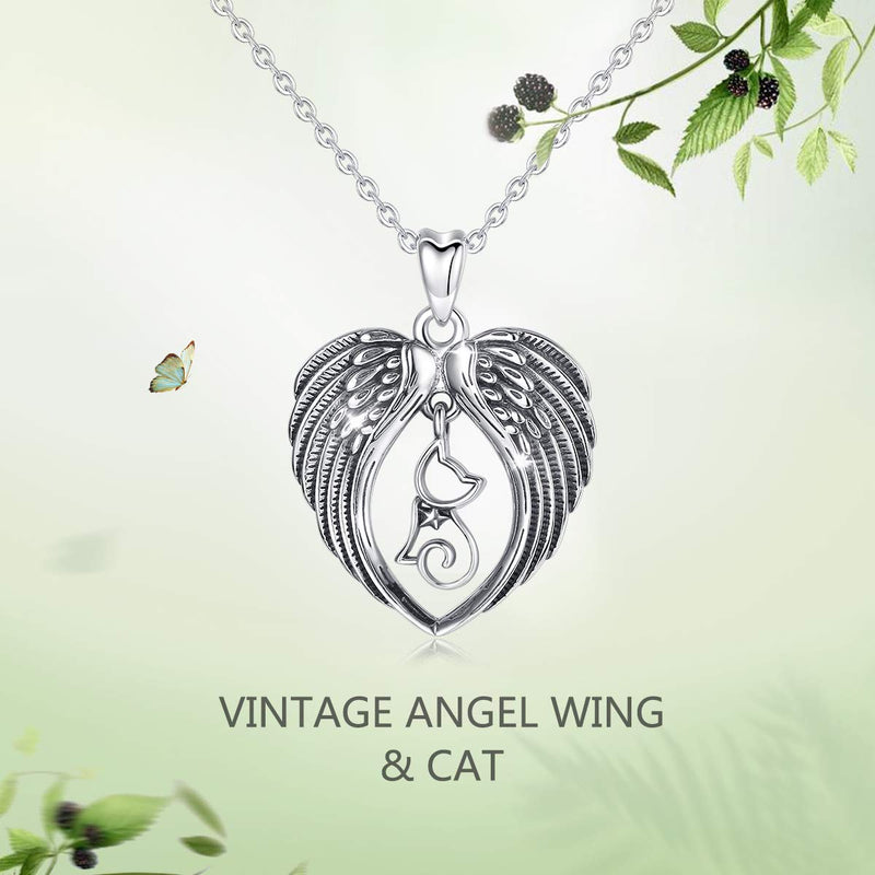 [Australia] - Cat Necklace for Women and Girls CELESTIA 925 Sterling Silver Cute Kitten Pendant, Gifts for Cat Lover - 18Inch Chain Angel Wing & Cat 