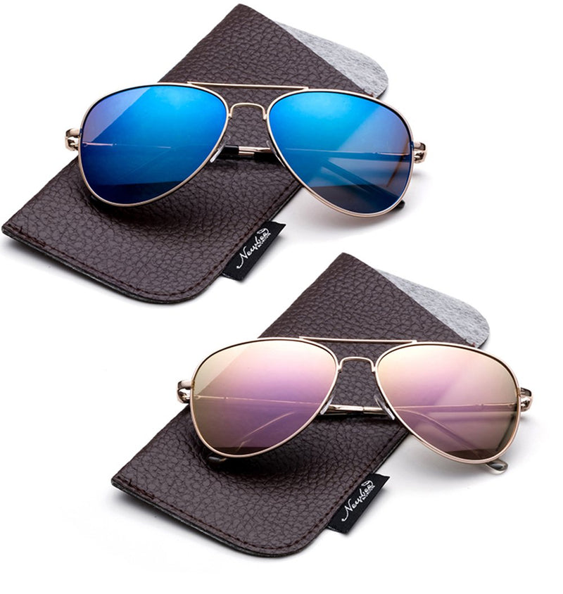 [Australia] - Polarized Kids Teens Juniors Aviator Polarized Sunglasses Stainless Steel Frame Spring Hinge UV Protection 2 Pack- Blue Flash & Pink Flash 