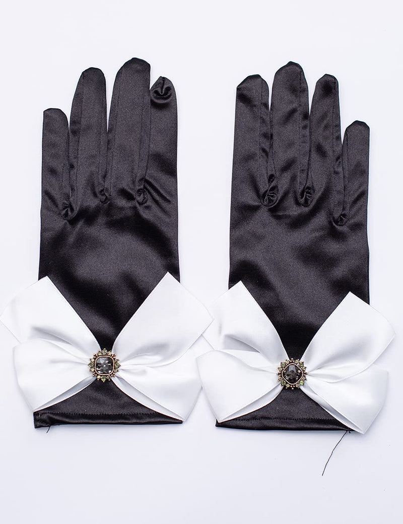 [Australia] - YCShun Women's Short Gloves Bowknot Gloves for Wedding Opera Satin Party 1920s Stretchy Gloves Black One Size 
