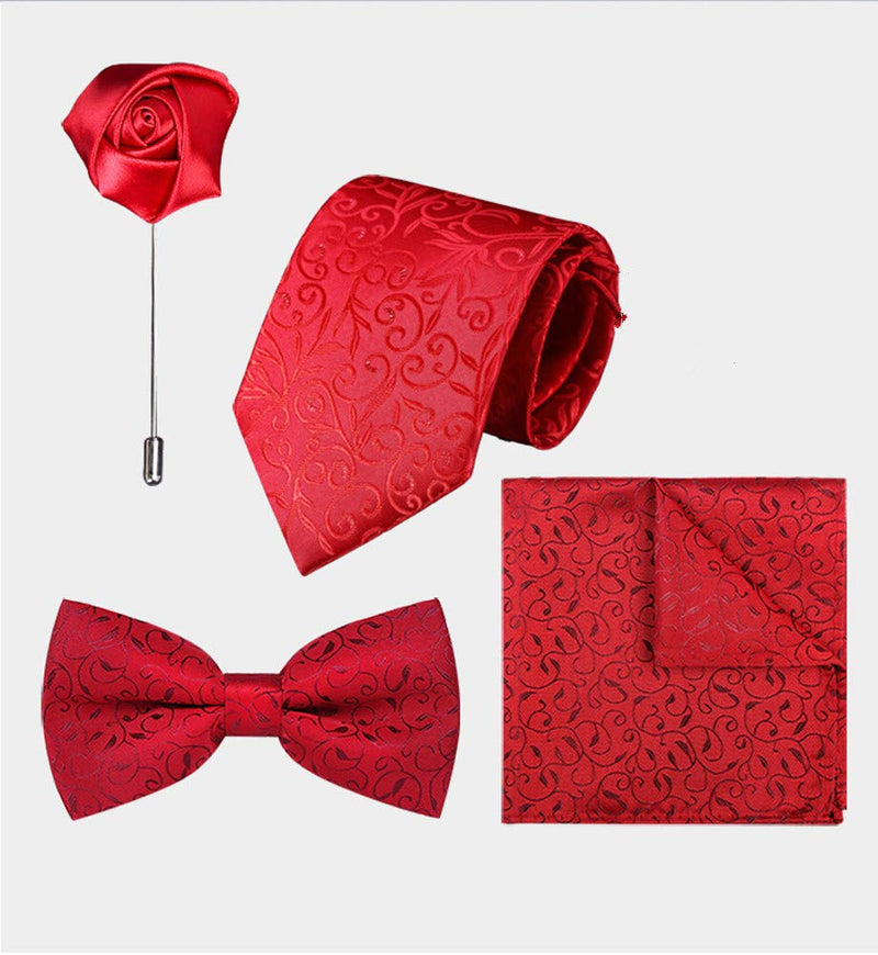 [Australia] - 4pcs Tie set in a gift box Solid Color Formal Necktie,Bow Tie,Pocket Square Laple Pin sets for Men Red Floral 