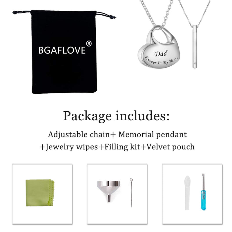 [Australia] - BGAFLOVE Set of 2 Cremation Jewelry CZ Crystals Stainless Steel Tone Bar Urn Pendant Memorial Ashes Keepsake Exquisite Necklace for Women Men, Urn Necklaces for Ashes with Filling Kit Loop heart necklace & Silver Bar dad 