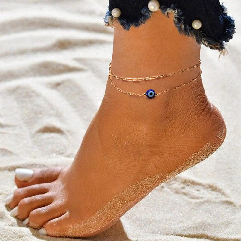 [Australia] - Tarsus 14K Gold Plated Evil Eye Bracelet / Anklets Layered Amulet Nazar for Women Girls Anklets - Gold 