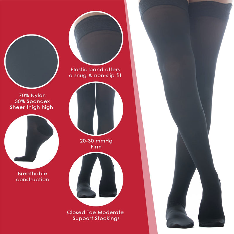 [Australia] - Medicella Premier Closed Toe Thigh High Compression Stockings for Women 20-30 mmHg Medical Quality Large Black 