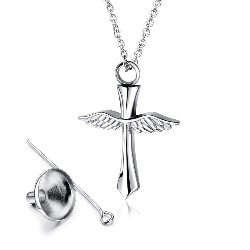 [Australia] - YSAHan Angel Wing Urn Necklace for Ashes Cross Cremation Memorial Pendant Stainless Steel Keepsake Jewelry Silver 