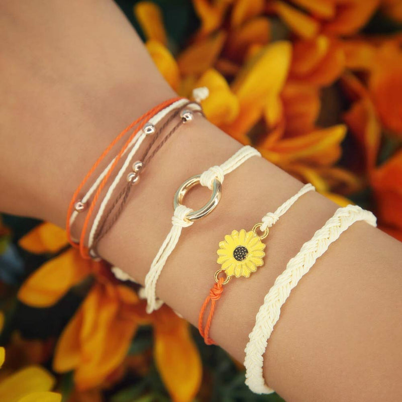 [Australia] - FANCY SHINY Sunflower String Bracelet Handmade Braided Rope Charms Boho Surfer Bracelet for Teen Girls Women Beige 