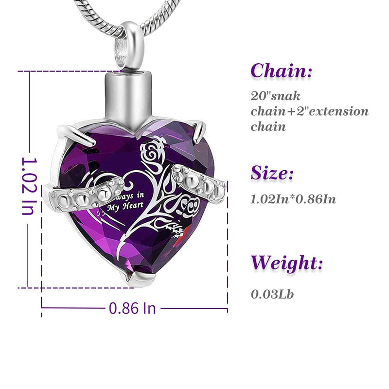 [Australia] - LYFML Heart Crystal Cremation Jewelry Urn Necklace for Ashes, Keepsake Pendant Made of Titanium Steel Support for Customization, Come with Filling Kit Purple 