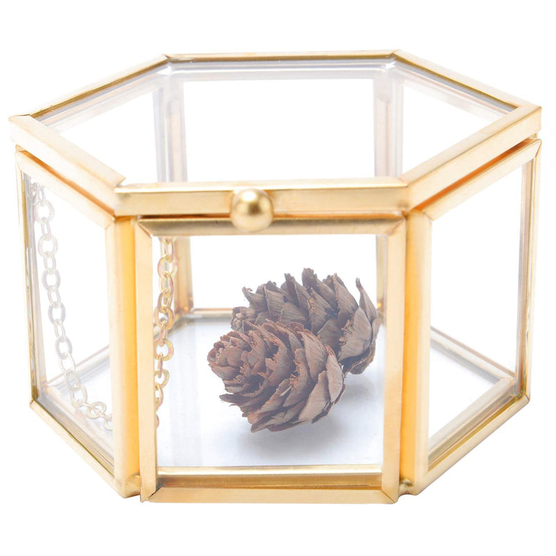 [Australia] - HighFree Copper Glass Vintage Ring Box, Hexagon Golden Geometric Jewelry Organizer, Bracelet Ring Display Small Box for Storage Trinket, Ring, Earring, 3.15x2.7x1.85 inch Small - 3.15x2.7x1.85 inch 