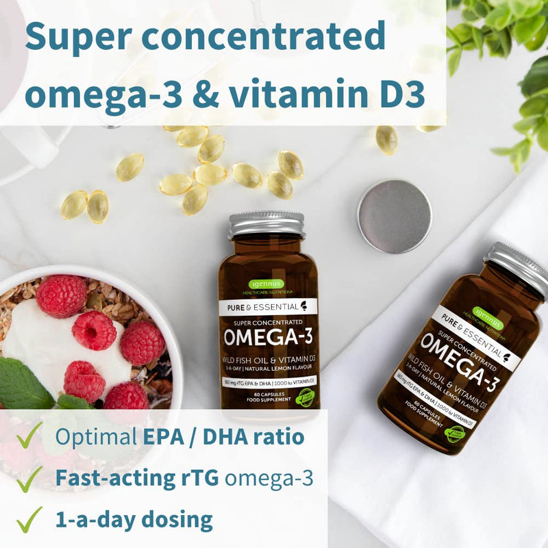 [Australia] - Pure & Essential Omega-3 & D3 1000iu, Fast-Acting rTG, 1-a-Day, Highly Concentrated EPA & DHA Wild Fish Oil, Non-GMO 60 Servings 