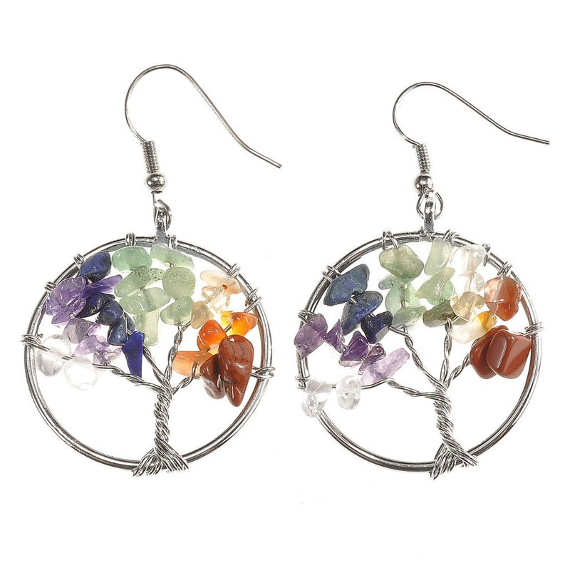 [Australia] - Jovivi 7 Chakras Healing Crystal Quartz Tree of Life Necklace & Earrings Jewelry Set Set 1 