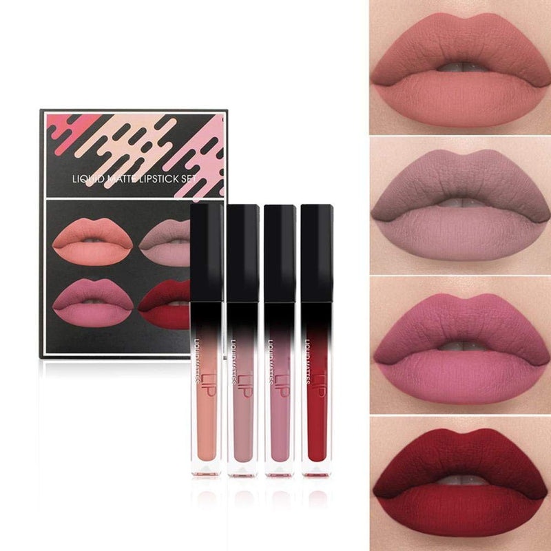 [Australia] - 4pcs / set Matte Velvety Lip Gloss Set, Matte Long Lasting Makeup Liquid Lipstick, Unfading Lip Makeup Cosmetic Lipstick Kit 