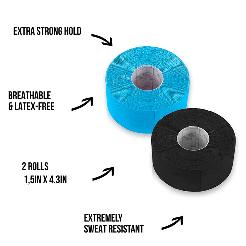 [Australia] - Effekt Manufaktur Kinesiology Tape Waterproof (16 ft x 2 in), 2 Rolls - Elastic Physio Tape for Muscle Support and Injury Recovery, Medical Tape, Kinetic Tape, Durable Kinesthetic Tape (Blue + Black) Blue + Black 