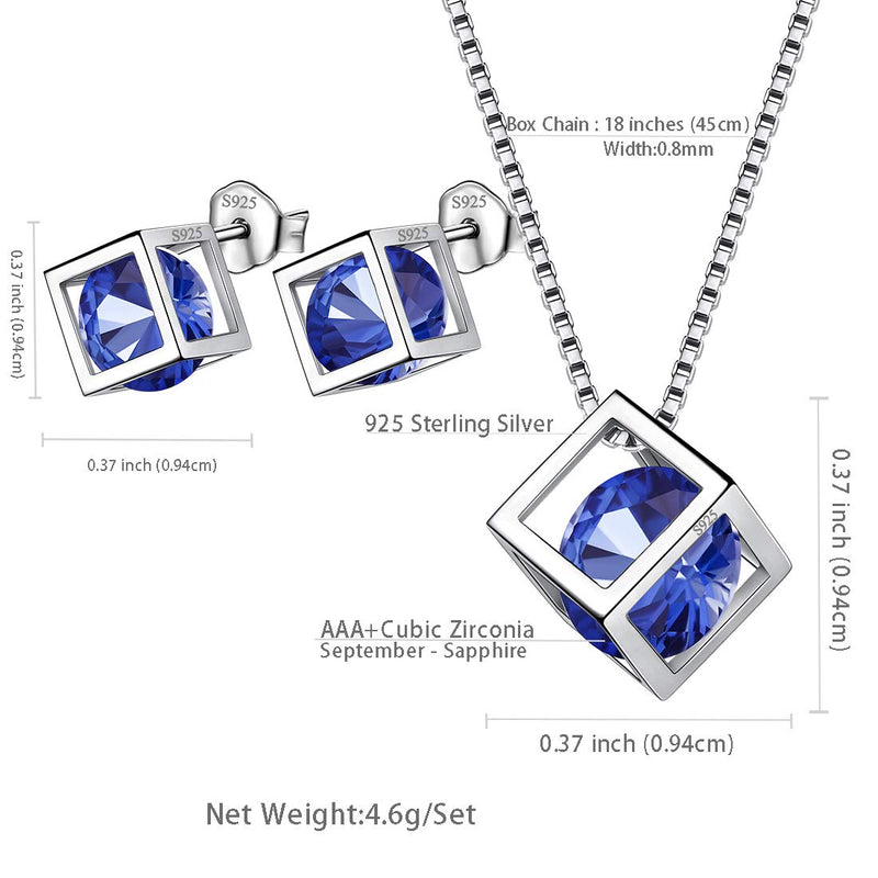 [Australia] - Birthstone Necklace/Earring 925 Sterling Silver Women Cross/3D Cube/Cresent Moon Birth Stone Jewelry Mens Birthday Gift Anniversary Present I.Blue-September-Sapphire 3d-cube-sets 