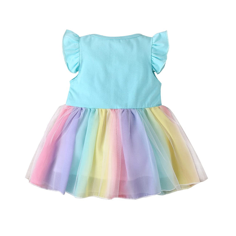 [Australia] - Toddler Baby Girl Rainbow Dress Ruffle Sleeve Romper Colorful Tulle Tutu Sundress Birthday Party Princess Clothes Blue 9-12 Months 