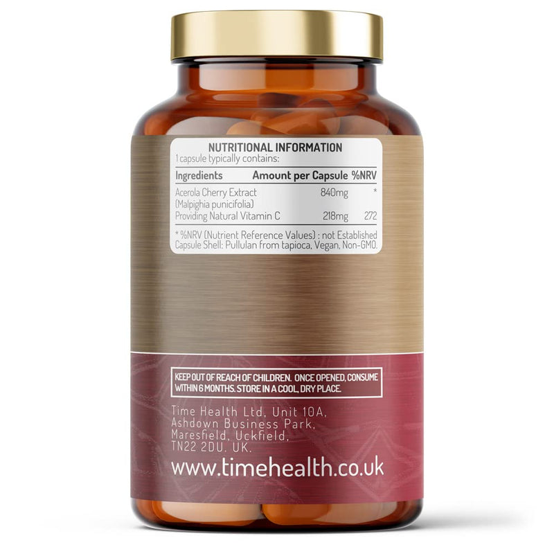[Australia] - Acerola Cherry Extract Capsules - Natural & Wholefood Vitamin C - UK Manufactured - Zero Stearates or Flow Agents (120 Capsule Pouch) 120 Count (Pack of 1) 