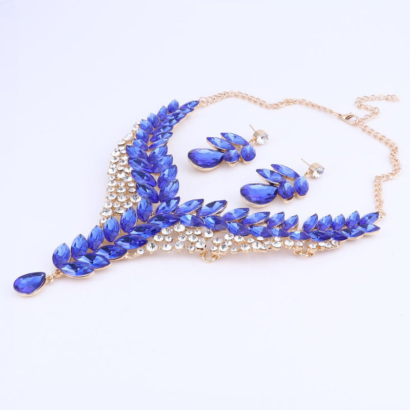 [Australia] - WANG Fashion 18K Gold Plated Crystal Wedding Party Necklace Earring Jewelry Set Blue 