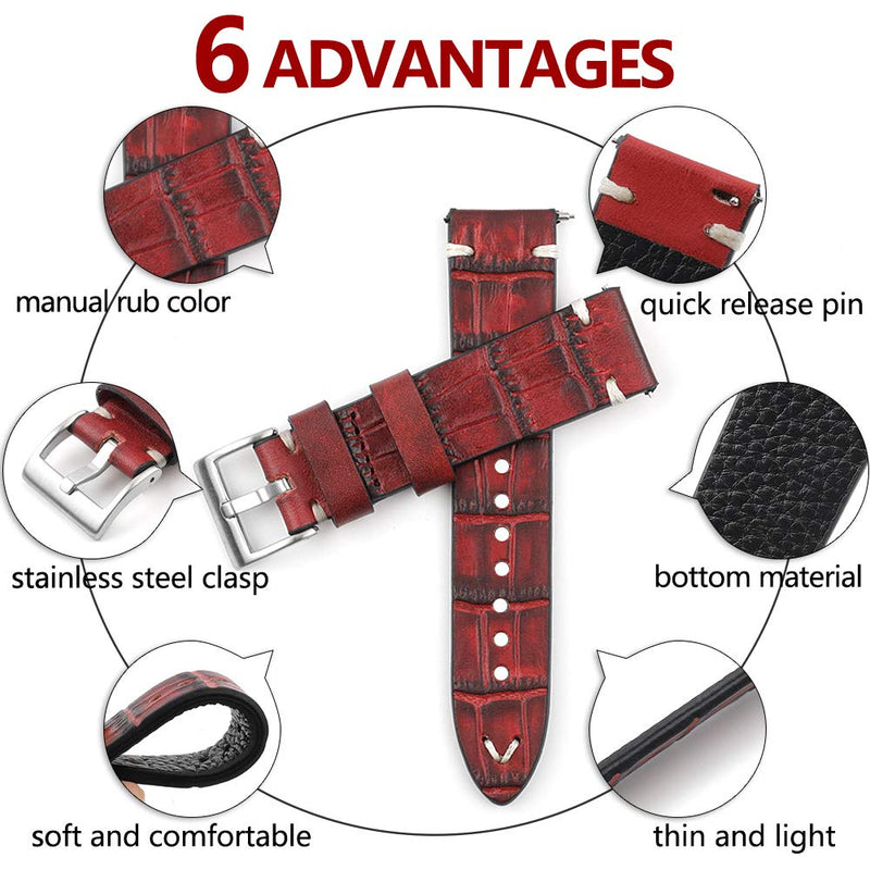 [Australia] - Onthelevel Vintage Alligator Leather Quick Release Watch Band 18mm 20mm 22mm 24mm Handmade Stitching Leather Watch Strap Replacement Black 