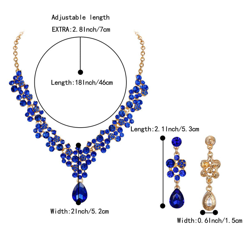 [Australia] - BriLove Wedding Bridal Jewelery Set for Women Crystal Bling Rhinestone Beaded Cluster Statement Necklace Dangle Earrings Royal Blue Color Gold-Tone 