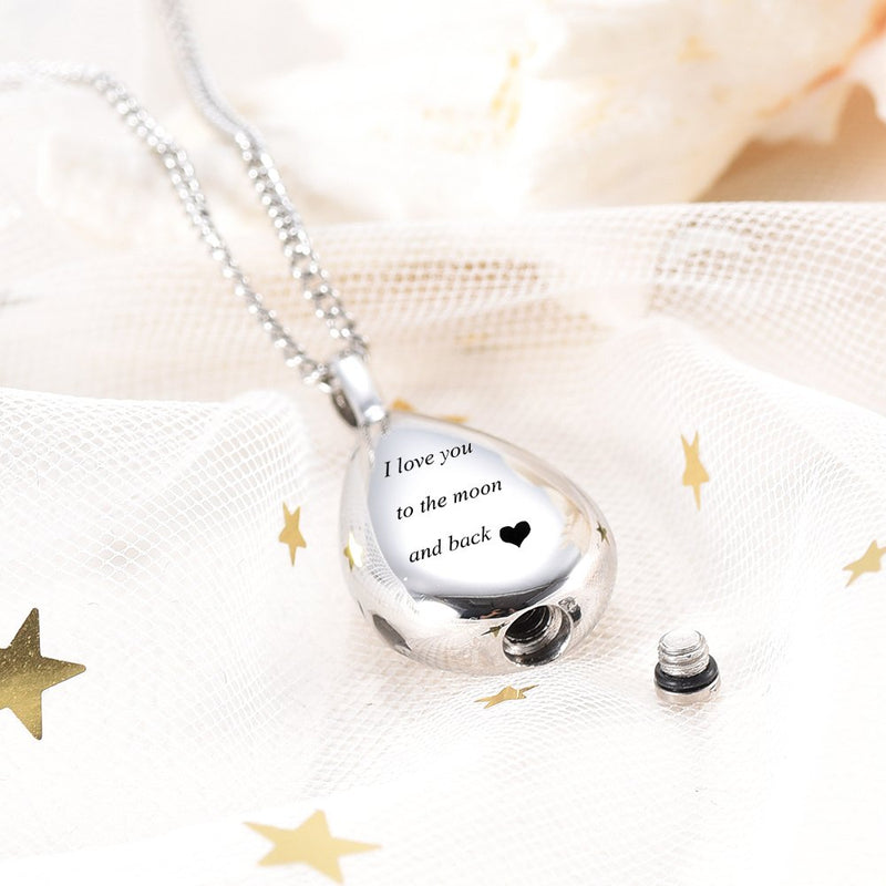 [Australia] - Carved Teardrop Keepsake Ashes Necklace Urn Pendant Cremation Memorial Jewelry I love you to the moon and back 