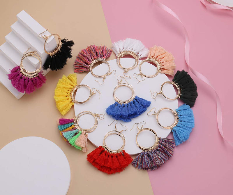 [Australia] - LANTAI 9-18 Pairs Colorful Bohemian Hoop Tassel Earrings Boho Earrings-Fashion V Shape Tassel Earrings Long Fringe Earrings for Women Girls Statement Earrings A-hoop 