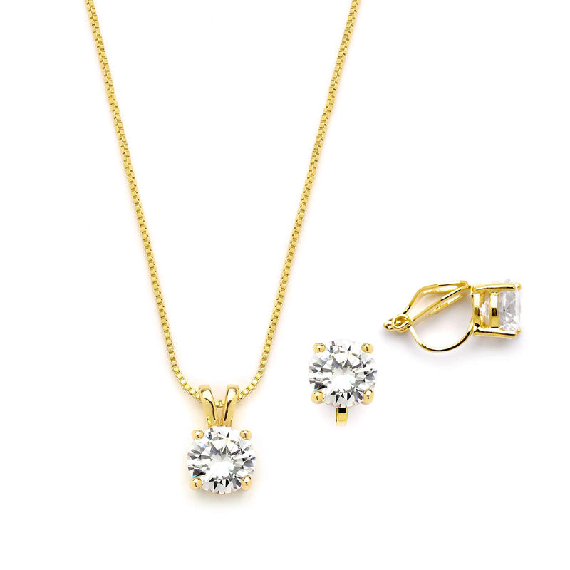 [Australia] - Mariell 14K Gold Plated Cubic Zirconia Jewelry Set - 2cwt Round Pendant with Matching Clip-On Earrings 