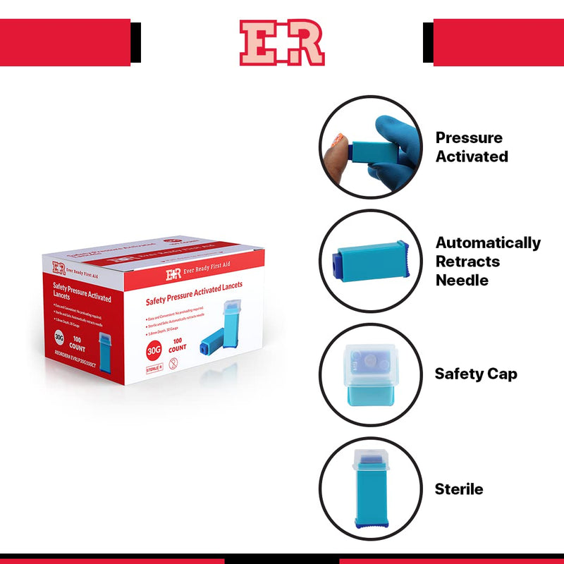 [Australia] - Ever Ready First Aid Safety Pressure Activated Lancets, Sterile Push Lancets with 30 Gauge for Blood Sugar Testing – 100 Count 