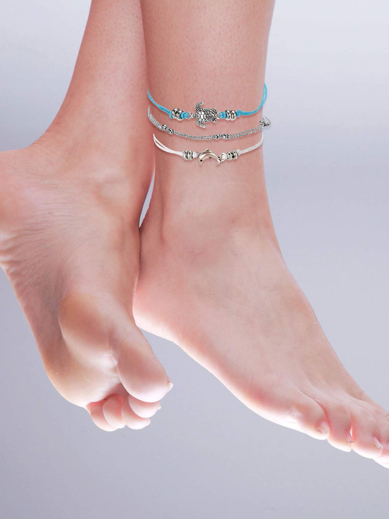 [Australia] - meekoo 17 Pieces Anklet Bracelets Adjustable Boho Turtle Starfish Shell Flamingo Beach Ankle Bracelets Foot Jewelry for Women Style B 