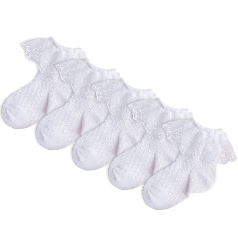 [Australia] - 5 Pair Baby Girls Eyelet Ruffle Cotton Lace Socks White Princess Dress Socks For Toddler Kids Child 1-13 Years 1-2T 