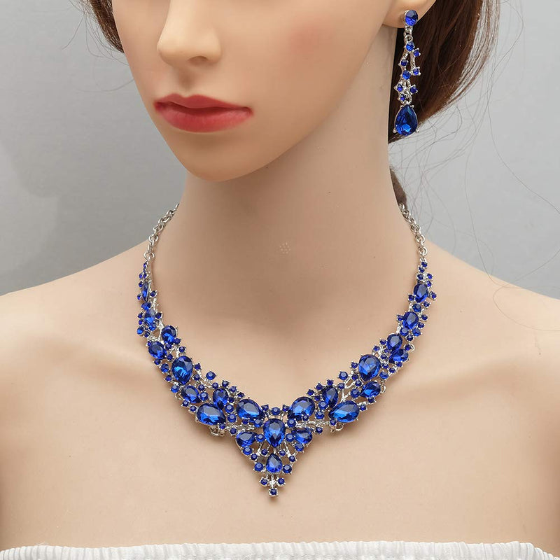 [Australia] - 4 Pcs/Set Austrian Crystal Necklace Earrings Bracelet Ring Bridal Jewelry Sets for Brides Wedding Party Costume Accessories Gifts for Women white gold plated-royal blue 