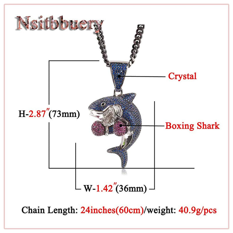 [Australia] - Nsitbbuery Hip Hop Night Club Bar Zircon Boxing Shark Pendant Stainless Steel Chain Necklace White Blue 