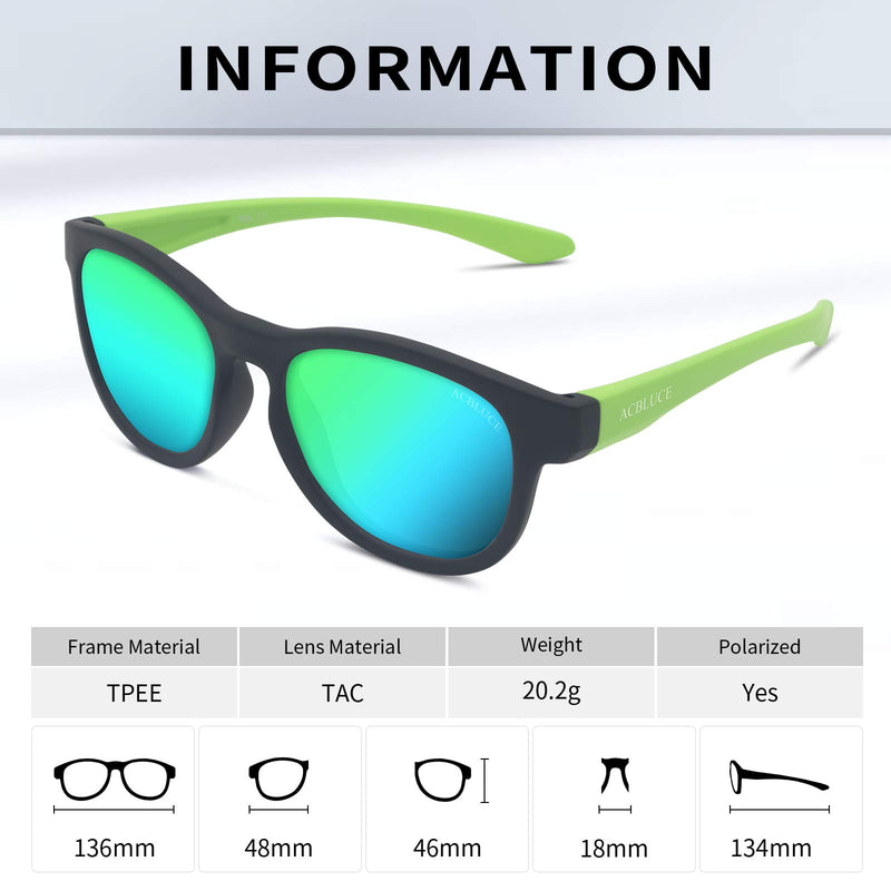 [Australia] - ACBLUCE Kids Polarized Sports Sunglasses TPEE for Girls Boys Youth Children Age 5-13 with UV Protection Frame: Matt Black Green/ Lens: Green Coating 