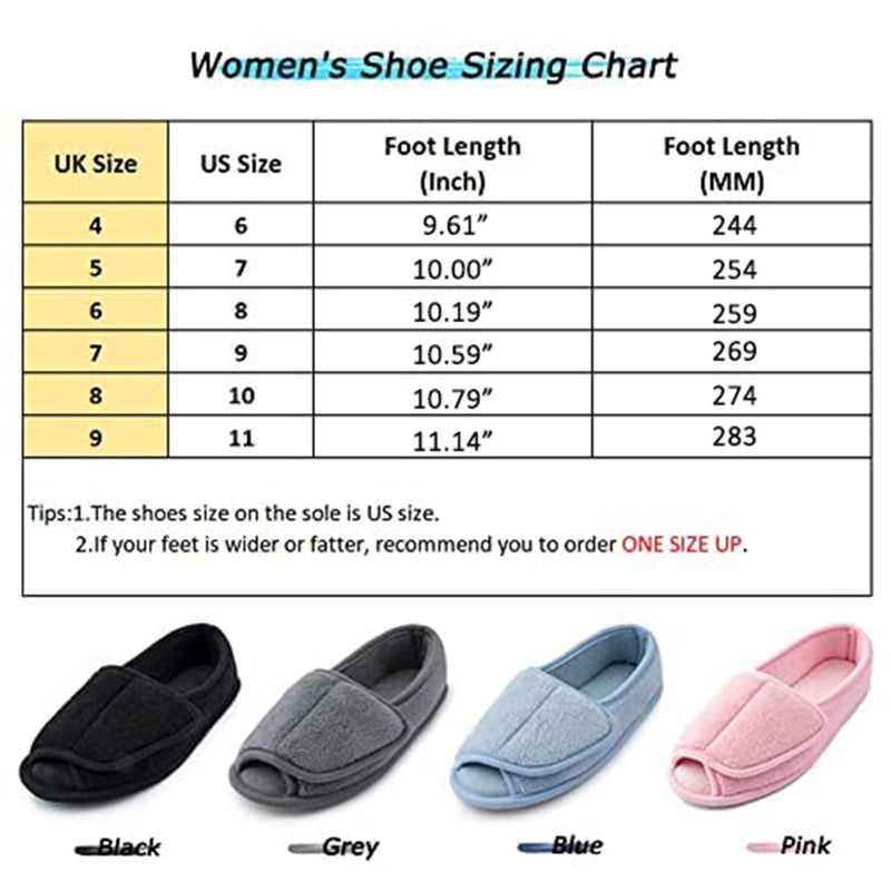 [Australia] - Women’s Diabetic Memory Foam Wide Fit Slippers Open Toe Adjustable Slip-on House shoes Indoor and Outdoor Rubber Sole 7 UK Grey 