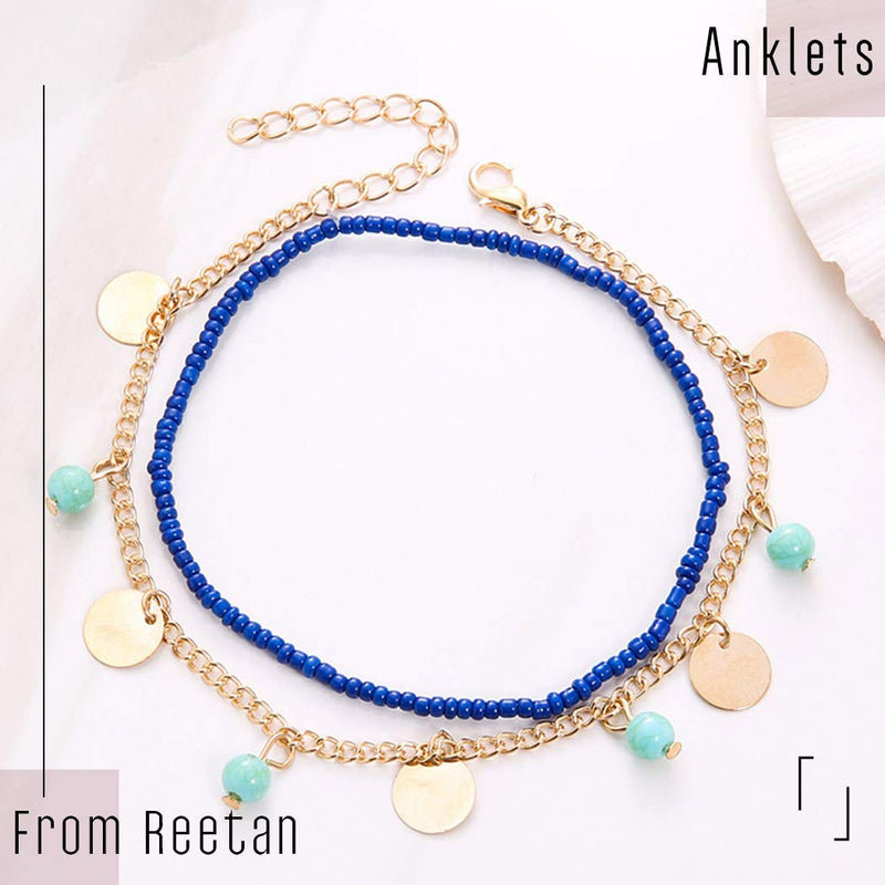 [Australia] - Reetan Boho Layered Barefoot Summer Beach Anklets Turquoise and Sequins Ankle Bracelet Adjustable Foot Jewelry for Women and Girls（2PCS） 