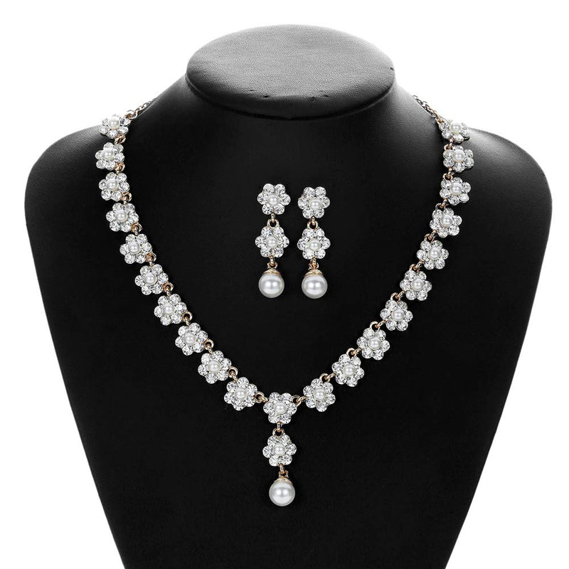 [Australia] - HapiBuy Crystal Pearl floral Design Wedding Jewelry Set Necklace and Earring for Women and Brides Gold Color 