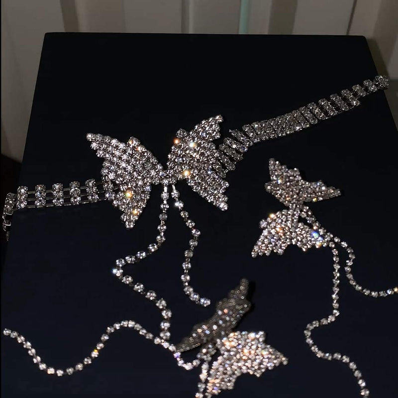 [Australia] - LecAit Diamond Choker Necklace for Women,Full Simulation Rhinestone Bling Sliver Choker,Rhinestone Iced CZ Butterfly Collar Necklace for Women’s Girls 